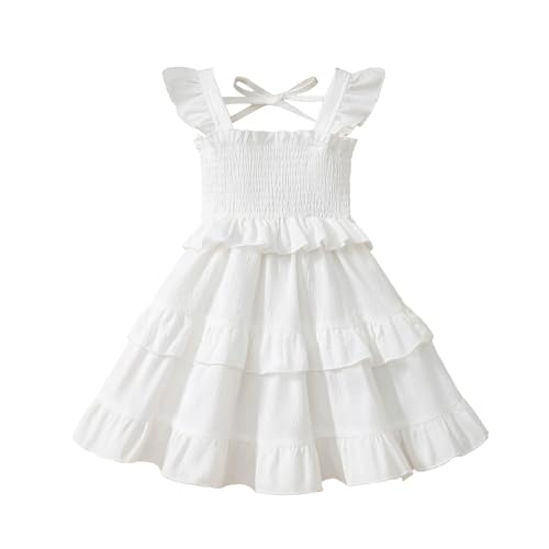 Toddler Girl Summer Dress Kids Ruffle Sleeve Floral Layered Dresses for Little Girls Smock Outfits Casual Beach Sundress (US Age 4 Years 5 Years White)
