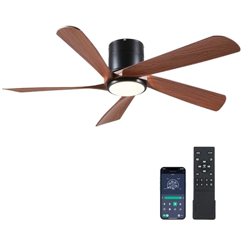 Kviflon Ventilador de Techo Moderno 137 cm con Luz y Mando a Distancia, Control Inteligente por APP, Motor Silencioso, Ideal para Techos Bajos y Dormitorios, Blanco/Madera, Marrón
