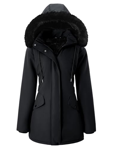 Wyeysyt Women's Winter Long Puffer Coat Waterproof Thicken Fleece Lined Parka Warm Puffer Jacket Windproof Warm With Faux Fur Detachable Hood(Black-M)