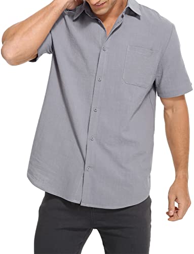 Tureface Men's Button Down Casual Shirt Short Sleeve Cotton Linen Dress Shirt Grey #TOP1