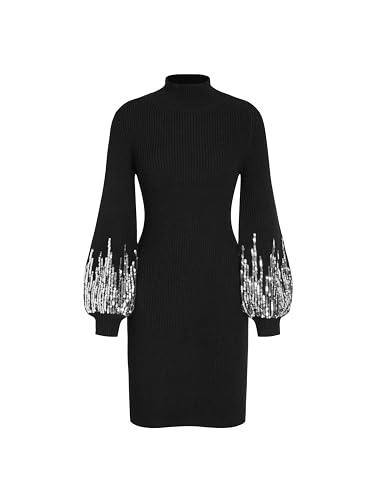 CIDER Sequins High Neck Lantern Sleeve Knitted Dress