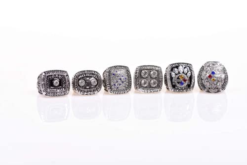 SILVER STYLE GIFT SET PITTSBURGH RUGBY 1974-75 1978-79 2005 2008 6-TIMES WORLD CHAMPIONSHIP RING, 6 RINGS SET WITH 6-HOLE WOODEN DISPLAY BOX PACKAGING, HOLIDAY GIFT FOR BASEBALL FANS