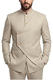 Wangyue Men Safari Suits Beige 2 Piece Chinese Suits for Men Slim Fit Beige Mandarin Collar Tunic Suit for...