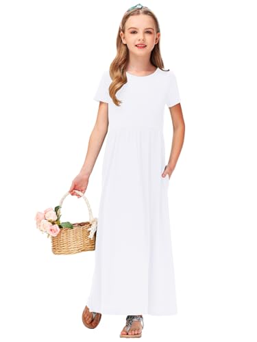 Image of Deerose Girls Maxi Dress Short Sleeve Casual Long Dresses with Pockets 5-14 Years