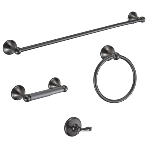 BGL Bathroom Hardware Set Grey Electroplating 4-Piece Bathroom Accessories Set Wall Mounted Adjustable Towel Bar Robe Hook Toilet Paper Holder Towel Ring Glossy Grey
