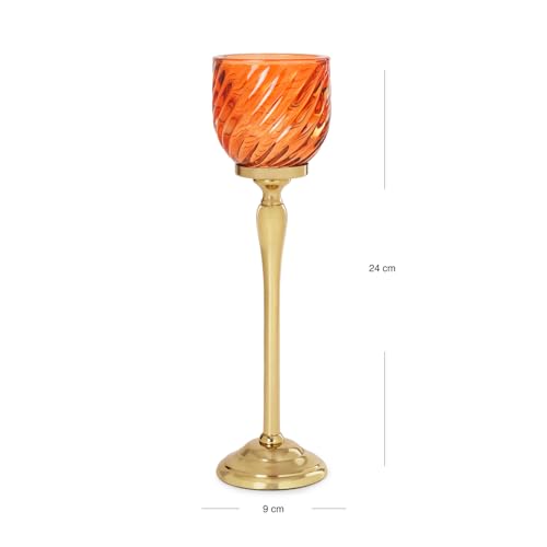 Image of Pure Home + Living Orange Swirl Textured Hurricane - Large Candle Holders for Home Decor with Glass Hurricane, Dining Table Decor, Candle Holder, Decorative Candle Stands for Home Decor