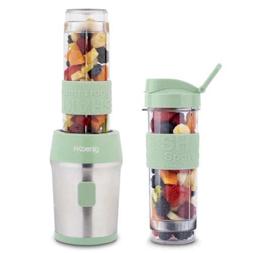 H.Koenig Mini batidora Smoothie maker Compacto 570mL SMOO18 Sin BPA Potente 300W, Batidora de Smoothie 2 Botellas Portátiles, 4 Cuchillas de Acero Inoxidable, verde pastel