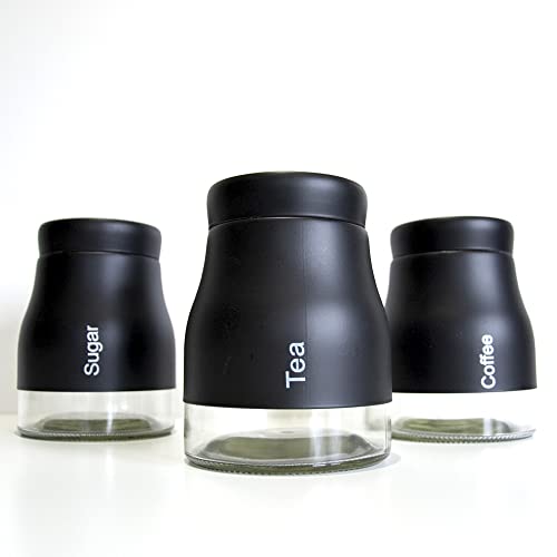 JJA Kitchen Canister Set of 3 Pieces for Tea, Coffee and Sugar - Glass Jars with Screw Lid - Kitchenware for Tea & Coffee Enthusiasts (BLACK)