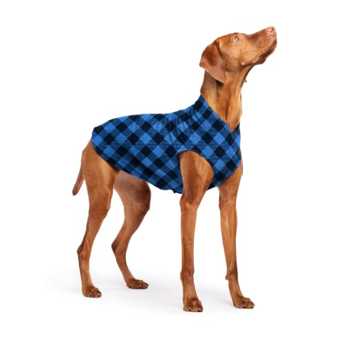 Image of Goldpaw Stretch Fleece Dog Sweater - with Spandex for 4-Way Stretch - Soft, Comfortable Dog Coat - Machine Washable - Made in the USA - Cobalt Buffalo Check - Size 18