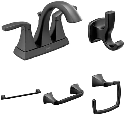 Moen Voss Matte Black Bathroom Set - Two-Handle Centerset Faucet with Double Robe Hook, Towel Ring, Pivoting Toilet Paper Holder, and Towel Bar