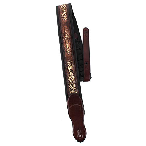 Walker & Williams KB-02-BRN Sangle de guitare rembourrée en cuir avec crâne et croix Marron rustique - Les Beatles, Paul McCartney, John Lennon, RIngo Starr, George Harrison Walker & Williams KB-02-BRN Sangle de guitare rembourrée en cuir avec crâne et croix Marron rustique
