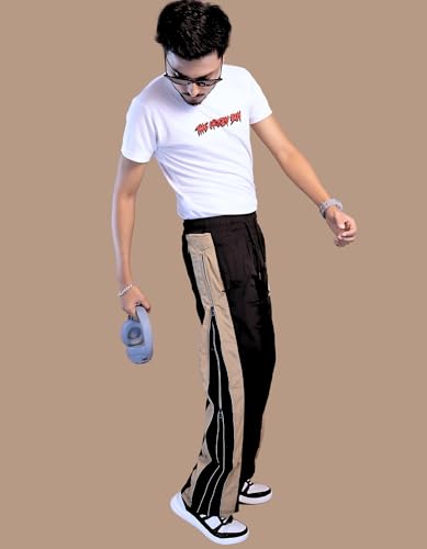 Image of Men's Track Pants, Loose Fit Bootcut Style, Black with Beige Side Stripe,Sports Track Pant for Men | Track Pant Men | Men Stylish Track Pant Boot Cut Style