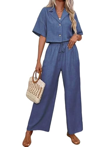 Ensemble décontracté 2 pièces pour femme avec haut col en V et pantalon droit bleu profond taille M