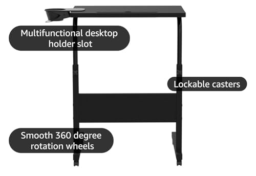 Klvied Standing Desk Adjustable Height, Stand Up Desk with Cup Holder, Portable Laptop Desk, Mobile, Small Computer Desk, Bedside Table, Black Rolling Desk, Work Desk for Home Office - Image 6