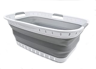 SAMMART 44L Collapsible Plastic Laundry Basket - Foldable Pop Up Storage Container / Organizer - Portable Washing Tub - Space Saving Hamper / Basket (1, White/Rose Pink)