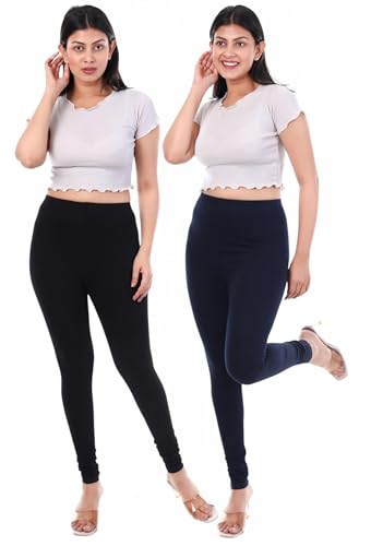 Image of TPF Women Solid Cotton Lycra 4 Way Stretchable Leggings | Combo Pack of 2 Comfortable Churidar-Length Slim Fit Leggings for Women & Girls