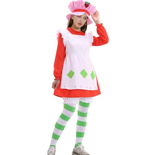 Women Strawberry Costume Red Dress Apron Hat Stockings Outfit Halloween Party Cosplay Full Set