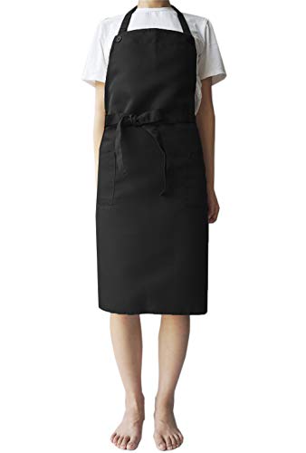 PRIMA Apron for Men & Women, Adjustable Button Plain Long Apron with Pockets & Long Ties, Kitchen Apron for Cooking, Baking,Pottery, Painting, Gardening, BBQ, Beauty Salon,H 32 x W 36 Inches (Black)