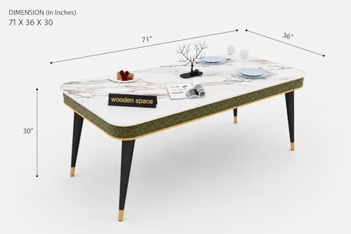 Image of WOODEN SPACE 6-Seater Wooden Dining Table Set | Nano Composite Marble Top | Solid Wood Base | Modern Dining Room Furniture with 6 Chairs (Light Green Vento)