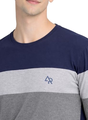 Image of ADRO Men's Full Sleeve T-Shirt Navy Grey Colorblock | Cotton Round Neck Casual Tshirt | Regular Fit Stylish T Shirt