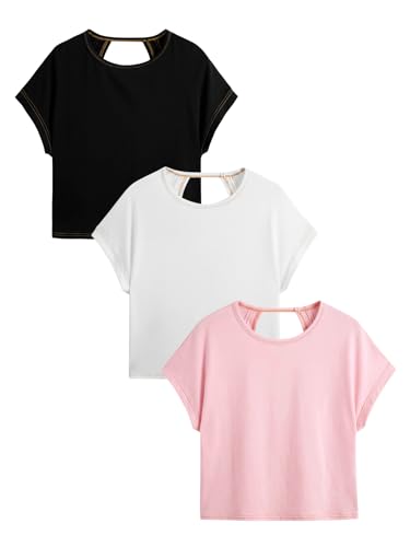 Image of RoseSeek Women's 3 Packs Open Back Tops T Shirt Criss Cross Cut Out Tee Short Sleeve Crewneck Summer Backless Tops