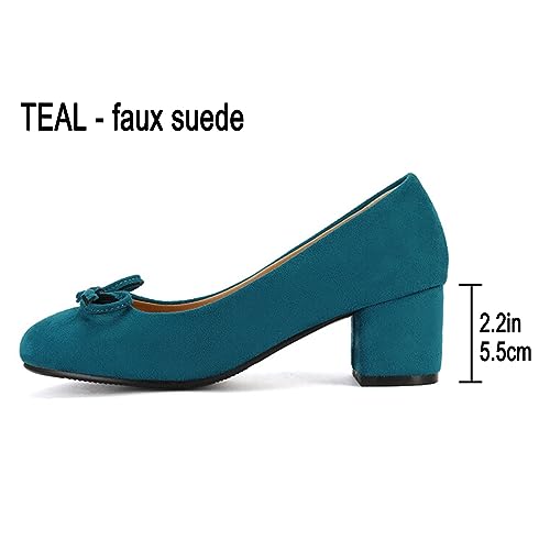 Alyaafifa Comfortable Block Heel Pumps for Women 2 Inch Mid Heel Closed Round Toe Matte Leather Suede Dress Shoes with Bowknot Party Daily Wedding Office3
