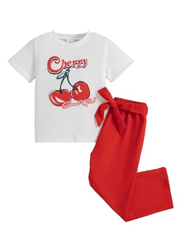 Image of Kids Toddler Girl Clothes Letter Print Graphic Top and Belted Pants 2PC Summer Clothing Set (Red, 2T-3T)