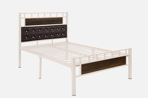 Image of Orvo Metal Extra Single Size Bed Without Storage | Wrought Iron Single Bed with Headboard & Footboard| Sturdy Powder Coated Platform Cot for Bedroom (Orvo Ivory)