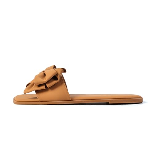 Image of Women's Bow Flat Sandals Open Saquare Toe Comfortable Slide for Wedding Beach Vacation
