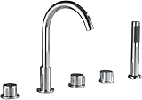 mixer bathtub The Deck Mount 5 Hole Shower Bath Mixer Taps's Pull-Out Shower Head Uses a Ball That Returns Automatically, Providing Maximum Flexibility And MobilityTwo Water Outlet Modes: Rotate The Middle Button Of The Shower Valve To Switch Between Faucet Water Outlet And Shower Water Outlet. Simple Design And Easy To OperateThis Shower Mixer Tap Set For Bath Is Perfect For Your Bathtub. This Bath Faucet Features a Replaceable Ceramic Mixing Core To Ensure Long-Lasting And Reliable Performance.