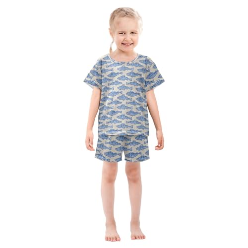 Blue Simple Fish Pattern Summer Cute Pajama Sets, Short Sets for Daily Wears and Sleep Wears3