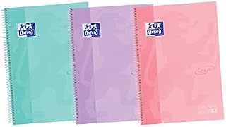 Oxford, A4 Squared Notebooks 5x5 Extra Cover 80 Sheets Micro Perforated 1 Ribbon Pack of 3 Notebooks Pastel