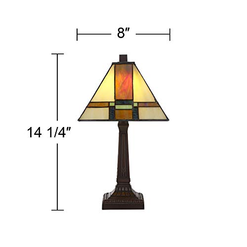 Robert Louis Tiffany Morris Mission Antique Tiffany Style Mini Accent Table Lamp Led 14 1/4" High Warm Brown Art Deco Stained Glass Shade Decor For Bedroom House Bedside Nightstand Home Office #TOP7