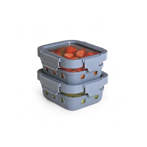 Image of Griplok Glass Lunch Box with Leakproof Lid, Borosilicate Food Storage Container with Silicone Sleeve, Airtight, Microwave /Dishwasher Safe (Glacier Blue, 2x370ml)