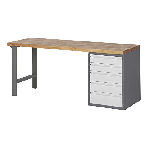 STIER Werkbank Premium, 5 Schubladen, 200x70x89cm, robustes Design aus pulverbeschichtetem Stahl und Buche, ideal für umfangreiche und vielseitige Werkstattarbeiten