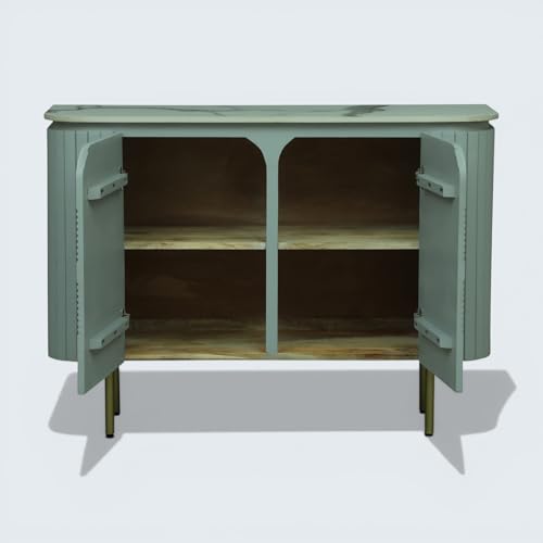 Image of Solid Wood Mandala Sideboard Cabinet with Sintered Stone Top for Living Room | Premium Acrylic Silver Grey Finish | 119.8cm W x 39.8cm D x 85cm H