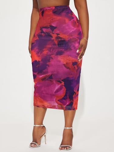 Women's Floral Print Mesh Long Skirt High Waisted Bodycon Pencil Maxi Skirts3