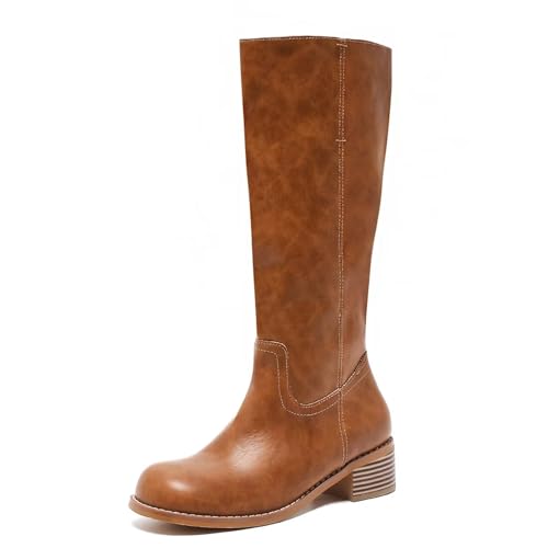Hodeery Women's Knee High Boots Square Toe Tall Boots Wide Calf for Women Platform Chunky Block Heel Comfortable Brown 9