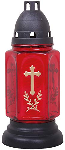 HS Candle Buena Lampe funéraire en verre avec croix et bougie Rouge 24 cm
