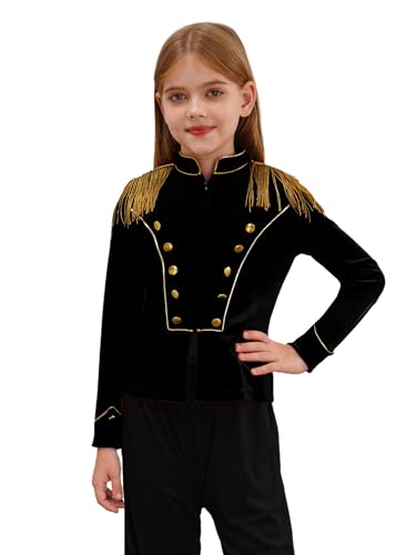 Moily Kids Marching Band Majorette Uniform Boys Girls Long Sleeve Zipper Tassels Velvet Drum Major Jacket Top Black 10 Years