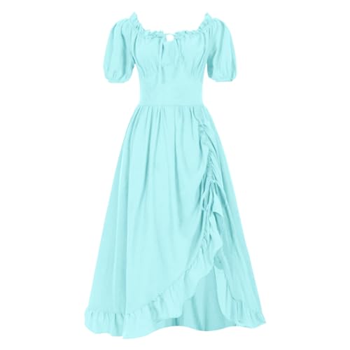 MODSGUE Vestido renacentista para mujer, hombros descubiertos, cintura ahumada, media manga, corsé bohemio, monocolor, estilo victoriano, para bodas, fiestas, góticos, steampunk, azul claro, L