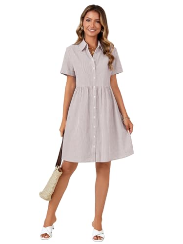 Image of Rooscier Women's Striped Shirt Dress Button Down Collared Short Sleeve Mini Dress