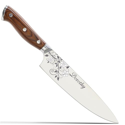 Image of Color Laser Engrave Custom Personalized Chef Knife with Blade Cover and Velvety Red Interior Box Premium Stainless Steel- Personalized for Wife, Mother, Friend (White)