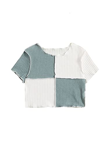 Image of Milumia Girl's Rib Knit Color Block Crop Tee Short Sleeve Lettuce Trim Crewneck Tshirt
