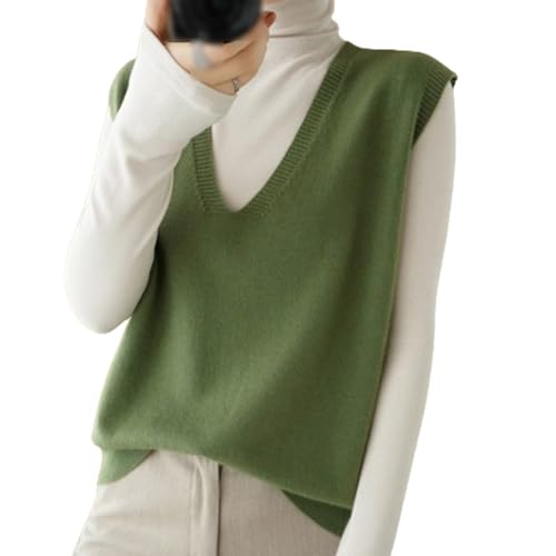 GAGFDA Knitted Waistcoats for Women, Casual Solid Color V Neck Knit Sleeveless Sweater Vest for Women, Women's Wool Sleeveless Jumpers (Green,XL)