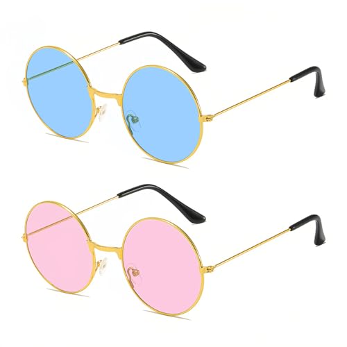 BOGCLEE 2 Pares Gafas de Sol Hippie, Gafas Redondas Hippie Vintage, Disfraz Fiesta de Años 1960 de Colores, para Fiesta Cumpleaños Carnaval Boda