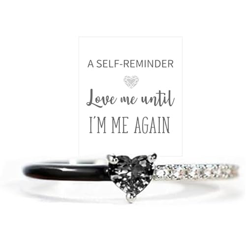 Love Me Until I'M Me Again Black Heart-Cut Half Enamel Ring,Heart Rings Promise Self Love Rings Adjustable Heart Rings Jewelry Birthday Gifts for Women Friends Wife