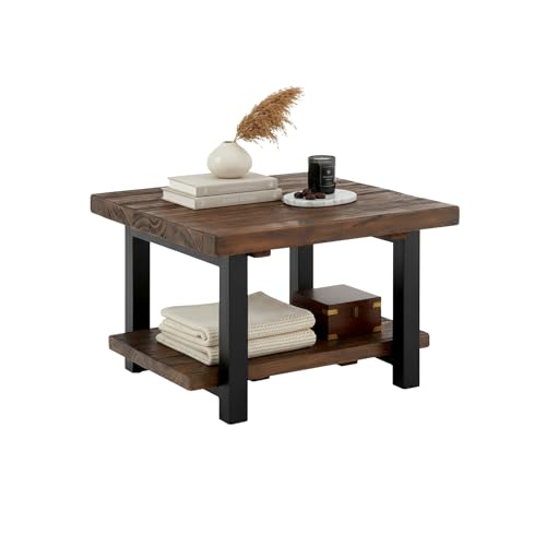 Image of Pomona 27-Inch Square Solid Wood Coffee Table with Metal Legs - Modern Farmhouse Rustic Small Space Table by Alaterre Furniture (Rustic Brown)
