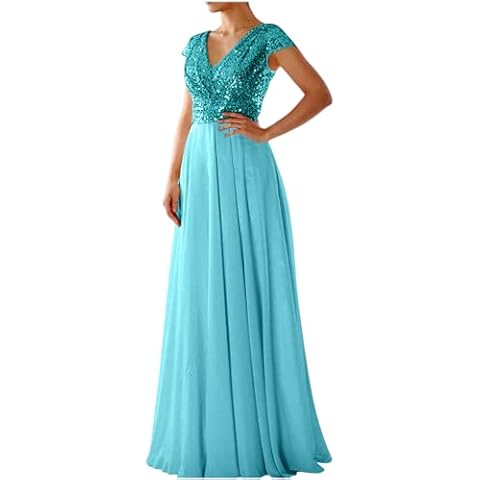 lcziwo Women's Wedding Guest Dresses V Neck Cap Sleeve Glitter Sequin Formal Evening Gown Chiffon Maxi Dress Blue Cover
