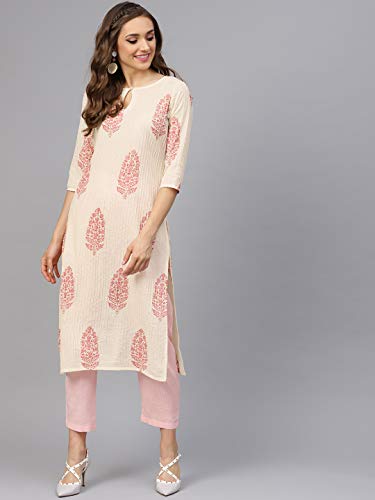 Image of idaLia Cream and Baby Pink Hand Block Print Kurta with Cotton Pants